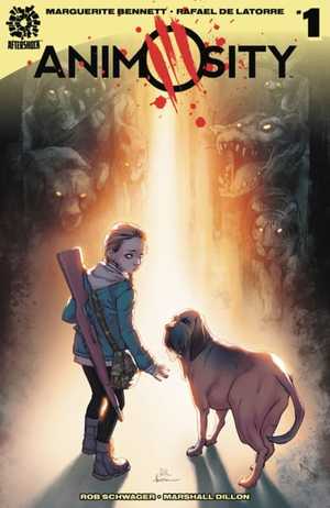 Capa de Animosity #1: uma menina com uma espingarda nas costas olha para trás ao lado de seu cão, cercados por animais de olhos brilhantes na penumbra