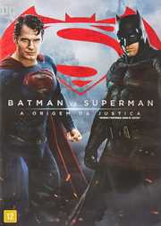 Cartaz de Batman vs Superman: Superman e Batman lado a lado diante do símbolo dos dois heróis em vermelho