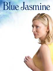 Cartaz de Blue Jasmine: Cate Blanchett de perfil, com óculos escuros no alto da cabeça, sob o título em azul