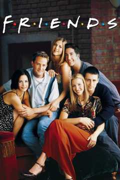 Cartaz de Friends: os seis protagonistas posam juntos num sofá com o logo colorido da série ao fundo