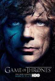 Cartaz da 3ª temporada: close do rosto de Tyrion Lannister com cicatrizes