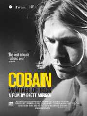 Cartaz de Kurt Cobain: Montage of Heck: retrato em preto e branco de Kurt Cobain com o título em amarelo e preto