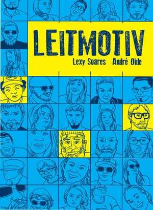 Capa de Leitmotiv: título em fundo amarelo sobre uma grade de retratos desenhados em traço azul