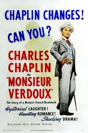 Cartaz de Monsieur Verdoux: Chaplin de terno e chapéu com a sombra do Vagabundo ao fundo e o título em vermelho