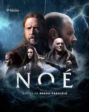 Cartaz de Noé: elenco sobre mar tempestuoso com relâmpago e o título NOÉ em letras brancas
