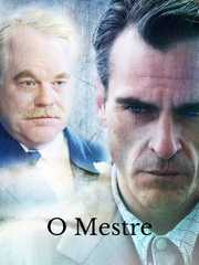 Cartaz de O Mestre: os rostos de Philip Seymour Hoffman e Joaquin Phoenix sobre fundo desbotado