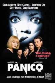 Cartaz brasileiro de Pânico (1996) com o rosto do Ghostface e o elenco: Drew Barrymore, Neve Campbell, Courteney Cox e Skeet Ulrich