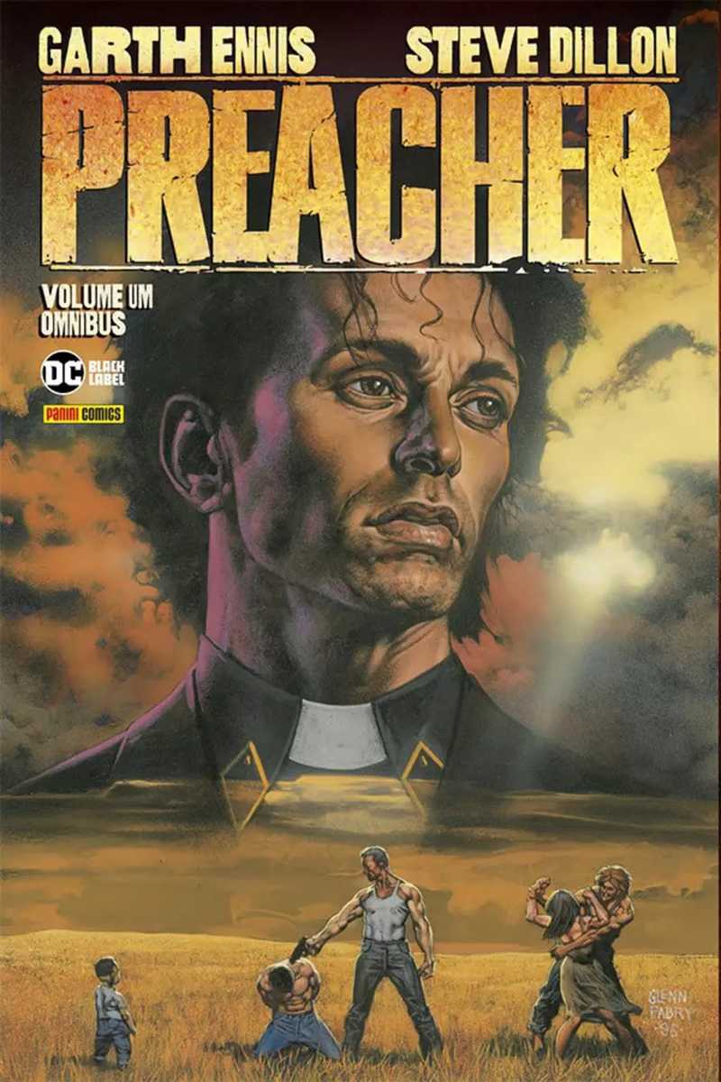Capa de Preacher: rosto de um homem de colarinho clerical sobre céu de tempestade e figuras num campo de trigo
