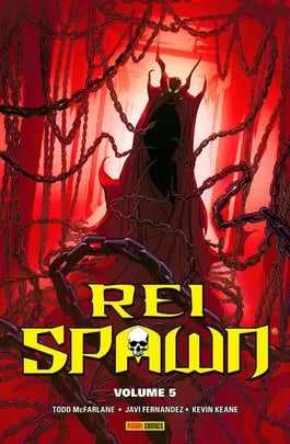 Capa de Rei Spawn Volume 5: Spawn com a capa vermelha, envolto em correntes, sob o título em amarelo
