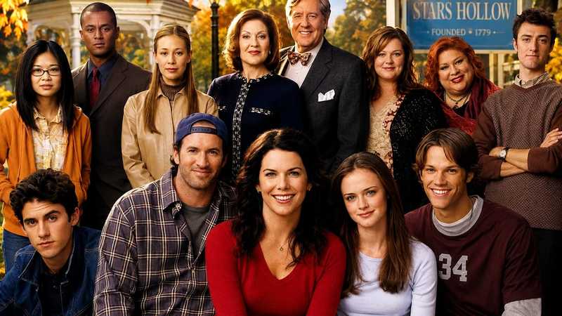 Elenco de Gilmore Girls posando em frente à placa de Stars Hollow, fundada em 1779, numa tarde de outono