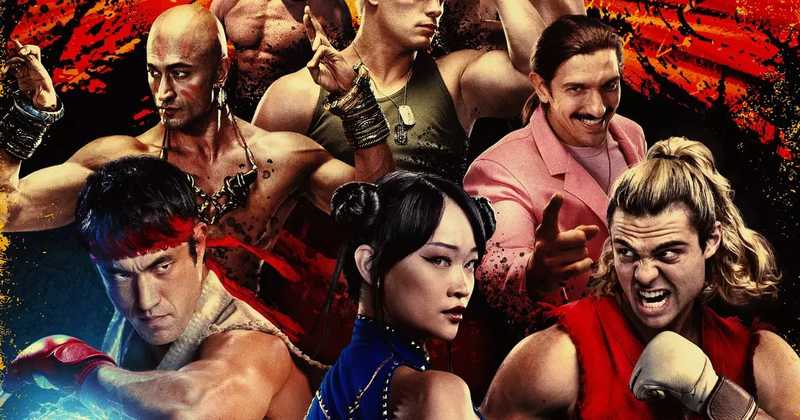 Arte de divulgação de Street Fighter com lutadores do elenco em poses de combate, entre eles Ryu de bandana vermelha, Chun-Li de vestido azul e Ken de colete vermelho, sobre fundo vermelho e preto com respingos de tinta