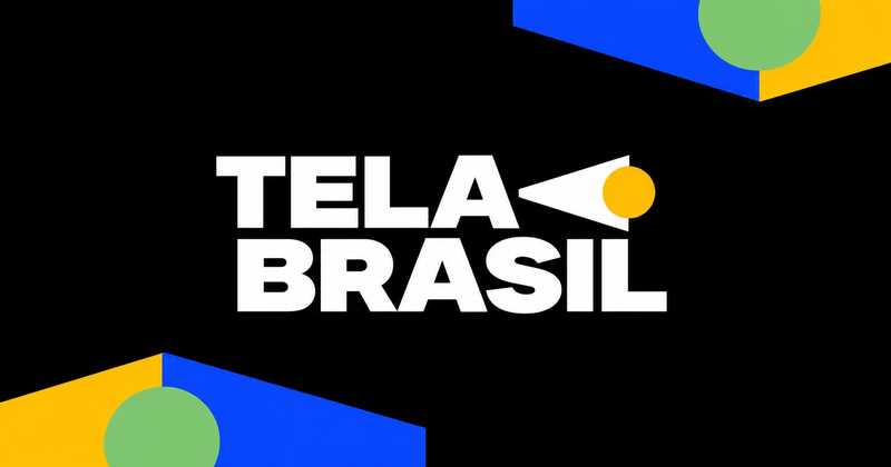 Logotipo da plataforma Tela Brasil em letras brancas sobre fundo preto, com formas geométricas em azul, amarelo e verde