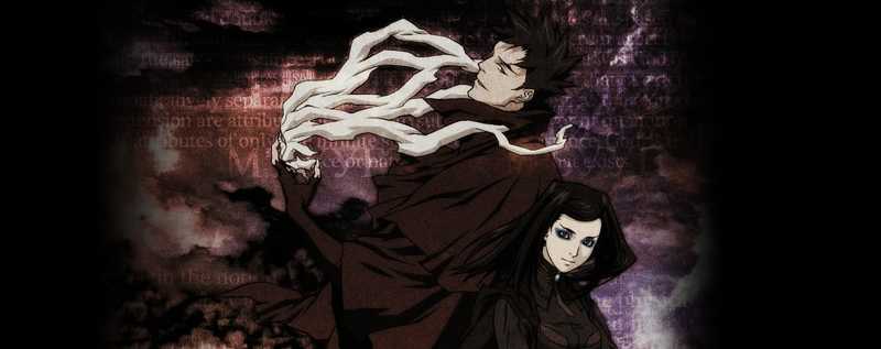 Vincent Law e Re-l Mayer de Ergo Proxy contra céu tempestuoso com texto desbotado ao fundo